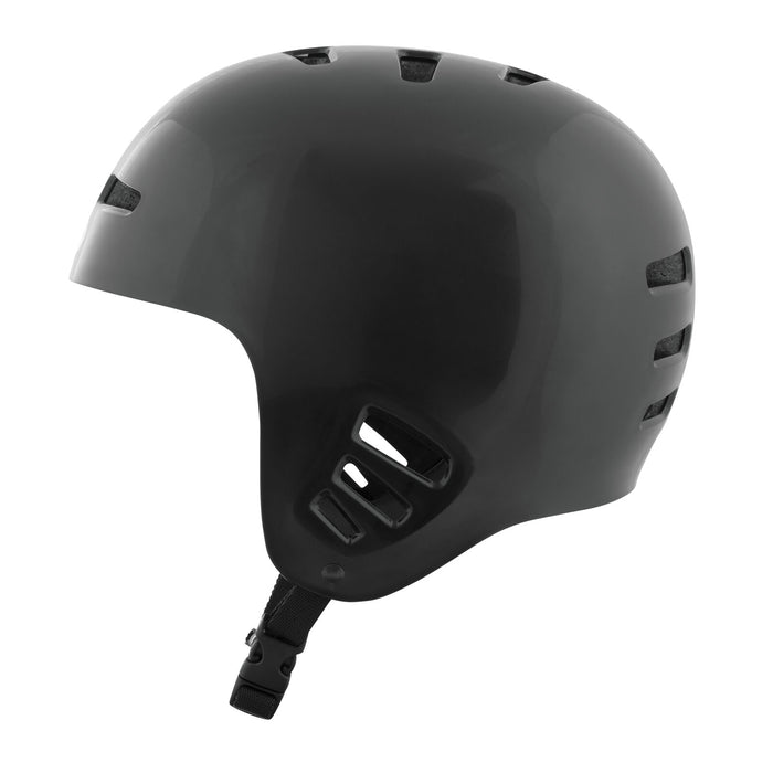 The TSG Dawn Flex Helmet Black features a classic full-cut design, matte finish, multiple ventilation slots, and an adjustable chin strap, shown here against a white background.