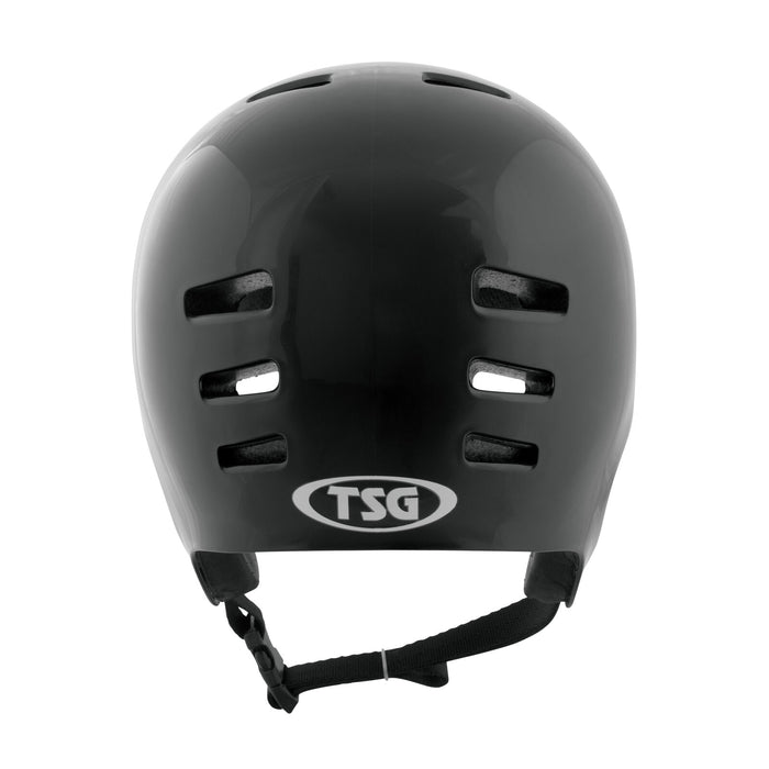 The TSG Dawn Flex Helmet Black is shown from the back, featuring a classic full-cut design, four ventilation slits on each side, and an adjustable chin strap.