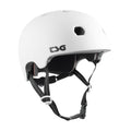 The TSG Meta Helmet in Satin White features ventilation holes, lightweight In-mold construction, adjustable black straps, a Dial Fit System, and buckle for reliable head protection during sports activities.