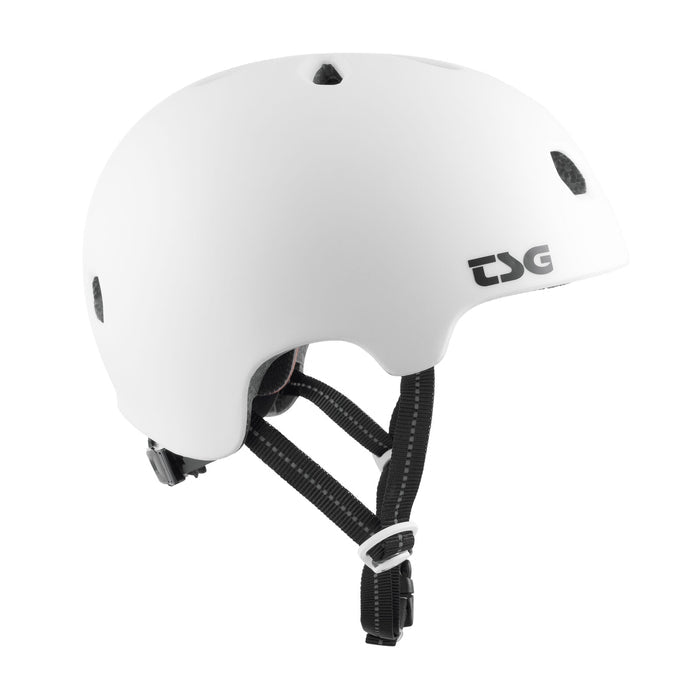 The TSG Meta Helmet in Satin White features lightweight In-mold construction, ventilation holes, and adjustable black chin straps, displayed against a plain background.