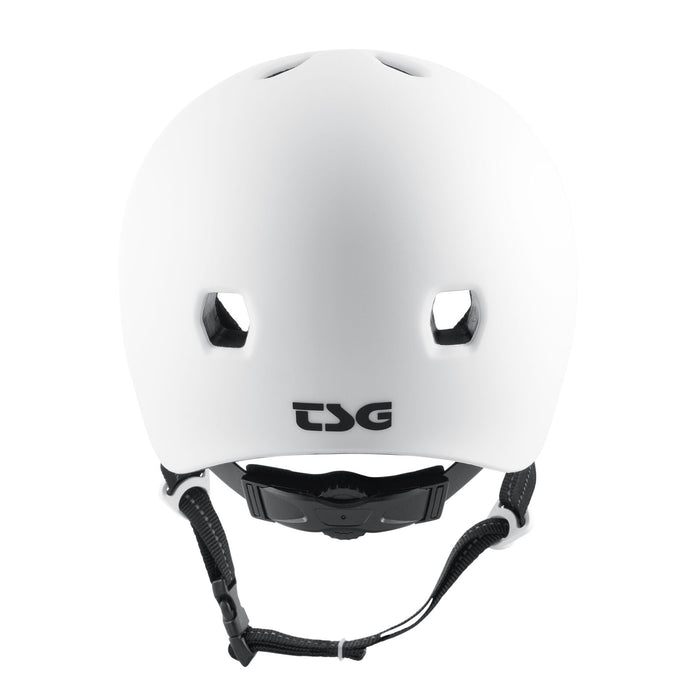 Front view of the TSG Meta Helmet in Satin White, featuring lightweight In-mold construction, two ventilation holes, an adjustable chin strap, and the TSG logo on the front.