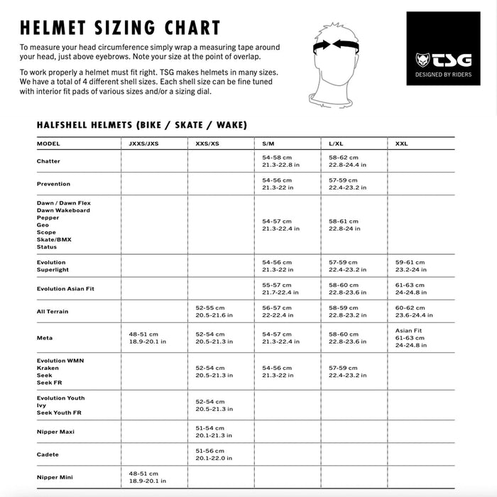 TSG Meta Helmet / Satin White sizing chart with head circumference measurements (cm), measuring guide with illustration, and details on lightweight In-mold construction plus Dial Fit System for select city helmets.
