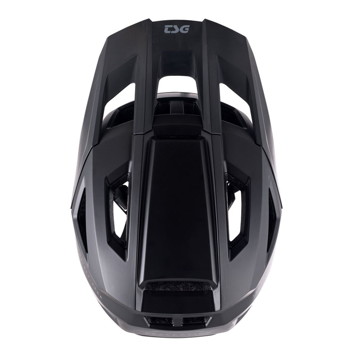 Top view of the TSG Prevention Helmet Satin Black, featuring an advanced ventilation system and angular design—ideal for BMX riders.