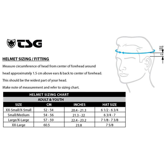 TSG Prevention Helmet Satin Black sizing chart includes head measurement instructions with a fitting diagram, plus size options in centimeters, inches, and hat sizes for youth and adults.