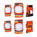 The TSG Skate Junior Protective Pad Set in orange with rainbow straps includes kids’ elbow pads, knee pads, and wrist guards, all displayed on a white background.