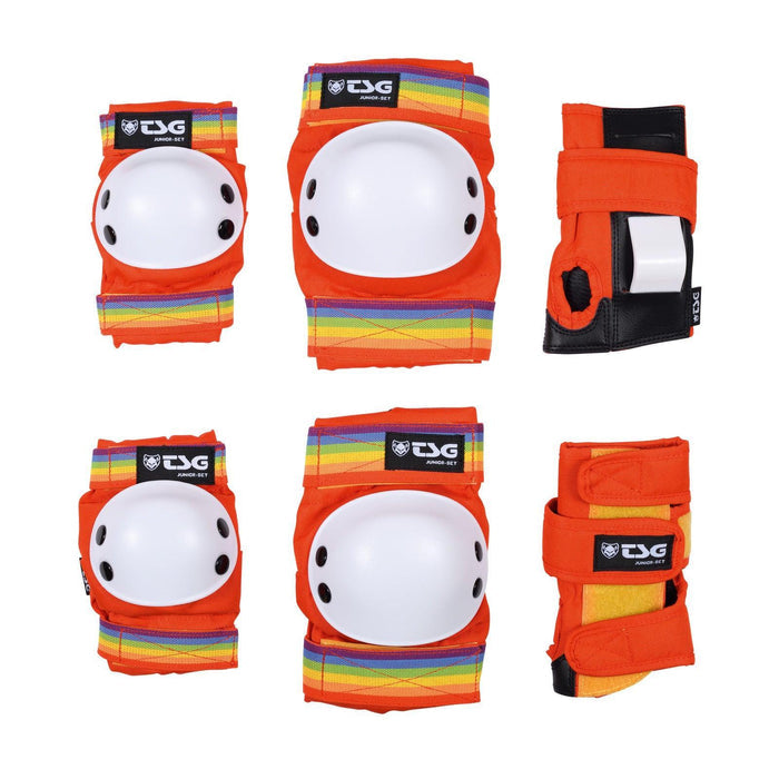 The TSG Skate Junior Protective Pad Set in orange with rainbow straps includes kids’ elbow pads, knee pads, and wrist guards, all displayed on a white background.