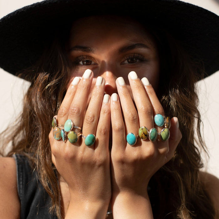 Model wearing 14k gold fill Turquoise Nomad Ring.