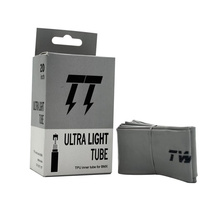 A folded Twitch Lightweight Tube (24 x 1-1/8 - 1-3/8 Inch) and its "Ultra Light Tube" packaging, showing a Presta valve. Designed for 24-inch tires, this super light tube helps reduce rotational weight.