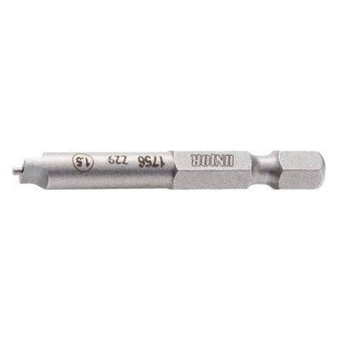 Close-up of the metallic Unior Nipple Drill Bit (1.5mm) with engraved numbers and markings, featuring a hexagonal and cylindrical shape. Quality guaranteed, this tool is crafted with precision like a professional bicycle tool.