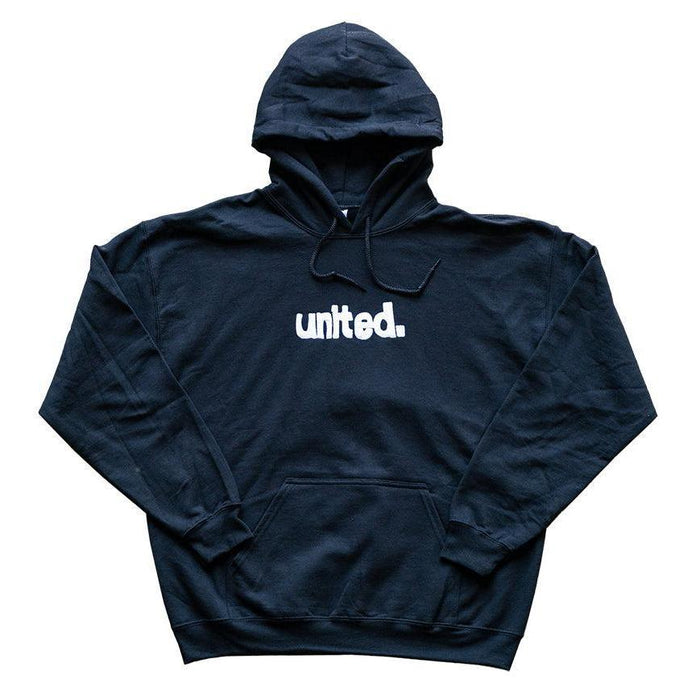 The United Coastin Hooded Sweat is a black sweatshirt from the COASTIN release, featuring "united." in white lowercase letters on the front—a signature piece from United clothing.