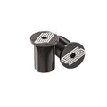 Two black, cylindrical United Fork Caps with geometric white designs and hexagonal drive sockets—compatible with M24 threads—are displayed on a white background.