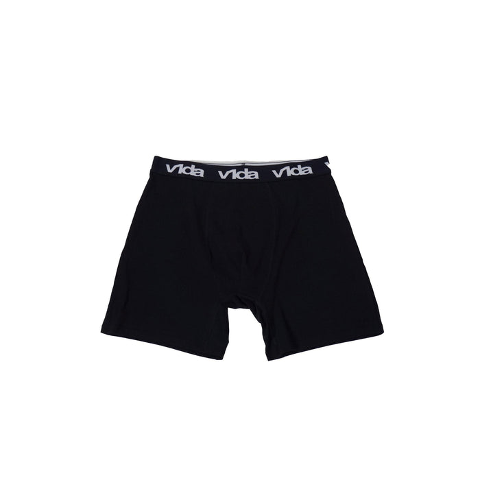 Black men's V1da Boxer Briefs (2 Pack) with a white "vida" logo on the waistband, new design, shown laid flat on a white background.