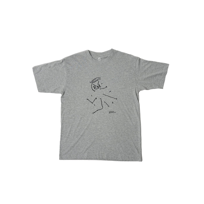 The V1da Connect The Dots T-shirt from LUXBMX is a grey cotton tee with a minimalist black line drawing of a running figure on the front—ideal for fans of standout BMX brands.
