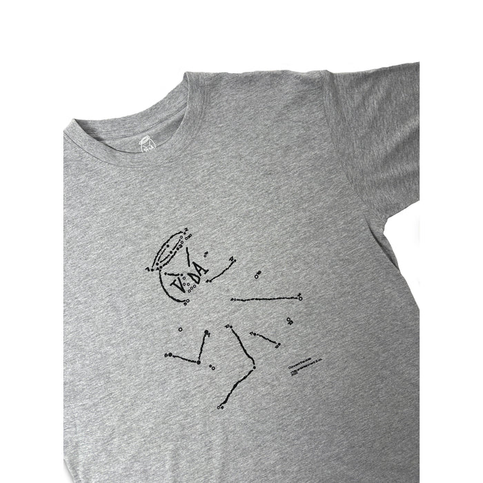 The V1da Connect The Dots T-shirt from LUXBMX is a gray cotton tee featuring a black dot-to-dot person with a "YAA" speech bubble and extended arms and legs—a playful nod to top BMX brands.