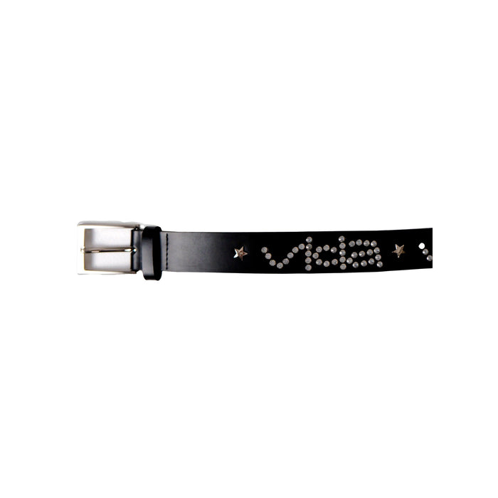 The V1da Studded Leather Belt is crafted from genuine black leather and features a silver buckle, silver rivets, and metal star-shaped studs in a striking pattern.
