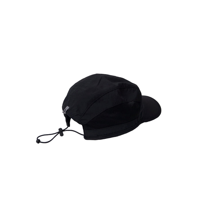 The V1da We Never Run Cap is a black cap featuring a curved brim, breathable nylon mesh side panels, and an adjustable elastic cord at the back.