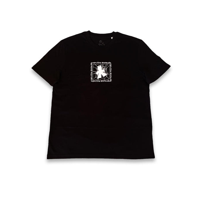 The V1da Web T-shirt is a black, short-sleeve BMX top made from 100% cotton. It features a white rectangular screenprint with centered text on the chest and is shown laid flat on a white background.
