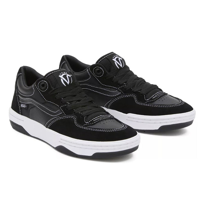 The Vans Rowan 2 Shoes - Black/White is a pair of black and white sneakers with white soles, perfect for skateboarding.