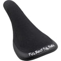 A black Volume Full Roast Full Froth railed (Paul Theolen) bicycle seat featuring a textured fabric top and embroidered white text, "FULL ROWDY FULL STASH," on the lower side.