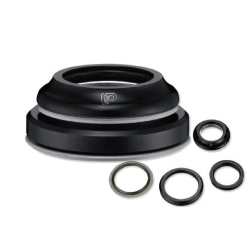 A black VP Alloy Tapered Headset with multiple circular components and rings is arranged on a white background, featuring an integrated threadless design.