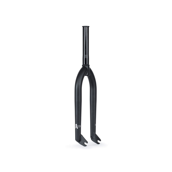 A black Wethepeople Audio 22 Inch Forks with a cylindrical steerer tube, featuring an integrated crown race and CNC dropout detail, designed for holding the front wheel of a bike.