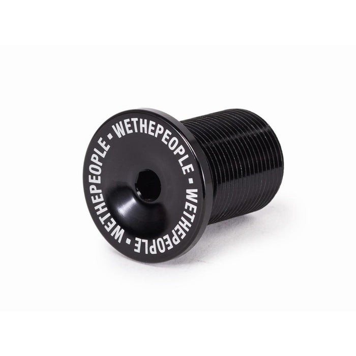 The Wethepeople Compact Fork Preload Bolt is a black alloy bolt with "WETHEPEOPLE" in white around the head and a central hex socket, designed to securely fit your Wethepeople fork.