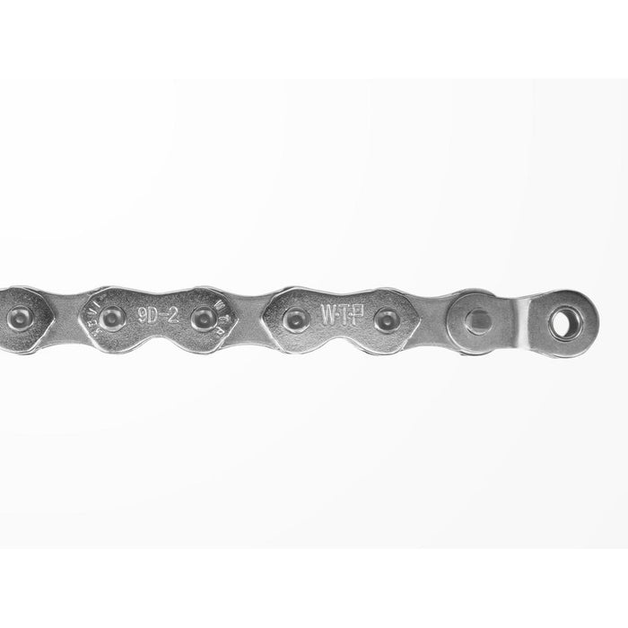 Close-up of the Wethepeople Demand Chain against a white background, featuring "WTF" engraved on one link, showcasing KMC's quality craftsmanship.