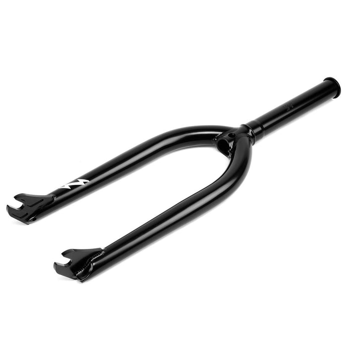 The Wethepeople Flash Forks are black BMX park forks with an angled steerer and axle-ready dropouts, designed for lightweight performance. Shown on a white background.