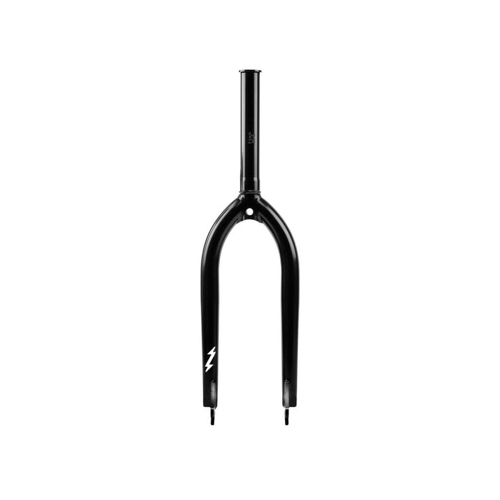 The Wethepeople Flash Forks are black BMX forks with a straight steerer tube, minimalist design, and a white lightning bolt graphic near the left dropout. Lightweight and shown on a white background, they include a lifetime guarantee.
