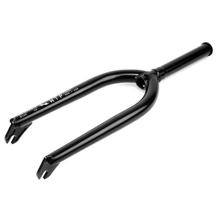 The Wethepeople Flash Forks are black, lightweight BMX forks with angled dropouts and "WTP" branding plus technical details on one leg. Shown on a white background, these forks include a lifetime guarantee for peace of mind.