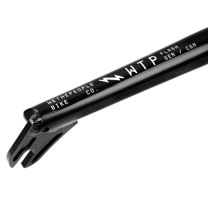 Close-up of the Wethepeople Flash Forks in black, featuring "Wethepeople Bike Co. WTP Flash GER/CGN" printed in white text—these lightweight BMX forks boast a premium design and come with a lifetime guarantee.