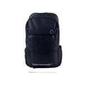 Wethepeople Global Backpack in black features MOLLE webbing, a front zippered pocket, side pocket, laptop compartment, "Wethepeople™" logo at the bottom front, and a circular logo on the upper right.