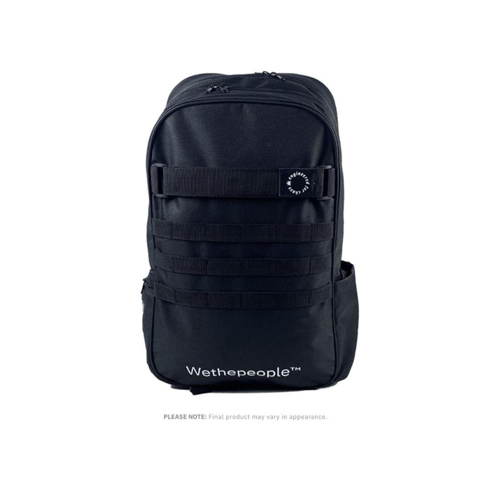 Wethepeople Global Backpack in black features MOLLE webbing, a front zippered pocket, side pocket, laptop compartment, "Wethepeople™" logo at the bottom front, and a circular logo on the upper right.