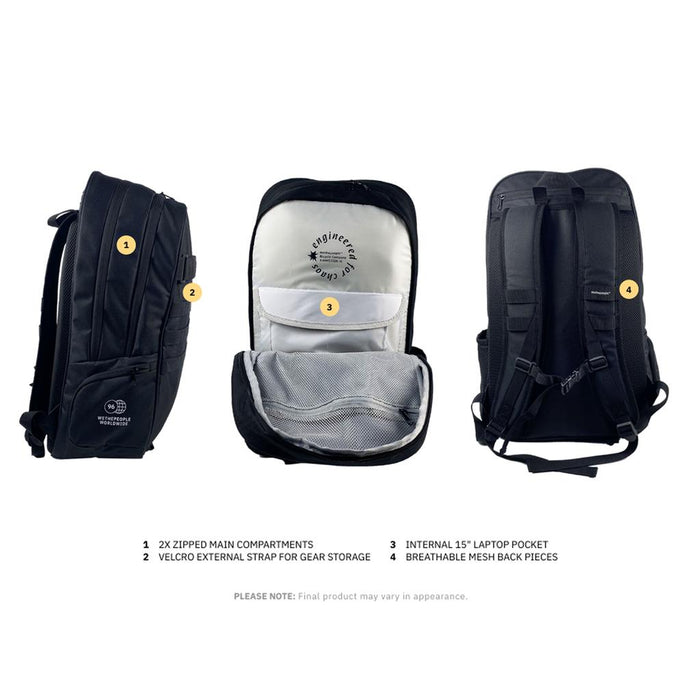 The Wethepeople Global Backpack in black features two zipped main compartments, a Velcro external strap, an internal 15" laptop compartment, and breathable mesh back pieces, shown from three different angles.