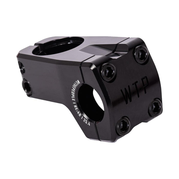 The WeThePeople Logic Front Load Stem is a matte black CNC machined stem with six bolt holes, "WTP" marking on top, and engraved specs on the side, shown against a white background.