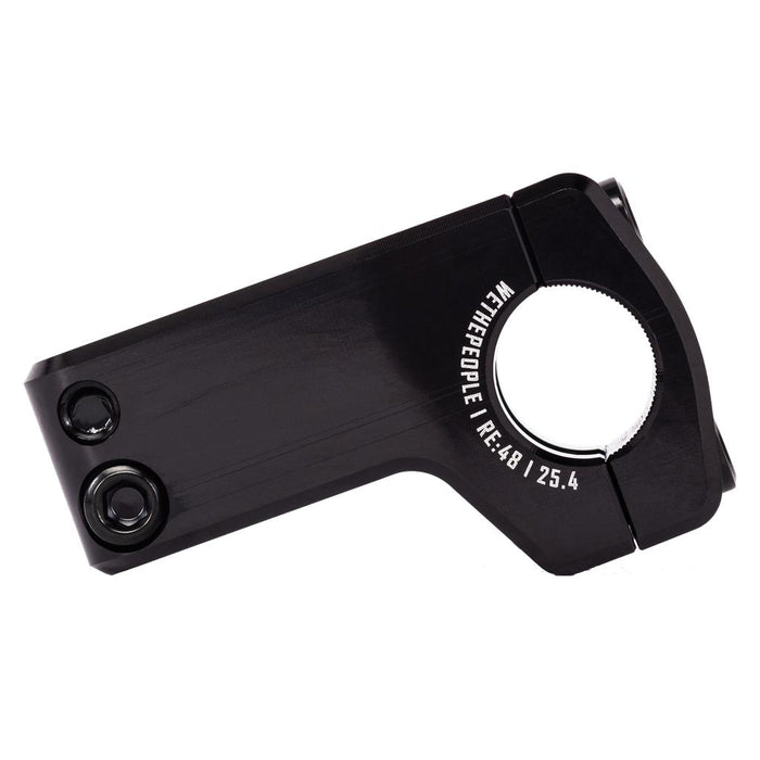 The WeThePeople Logic Front Load Stem is a black CNC-machined BMX stem with white branding, 48/25.4mm sizing, and Shark Tooth Clamping for a secure handlebar grip.
