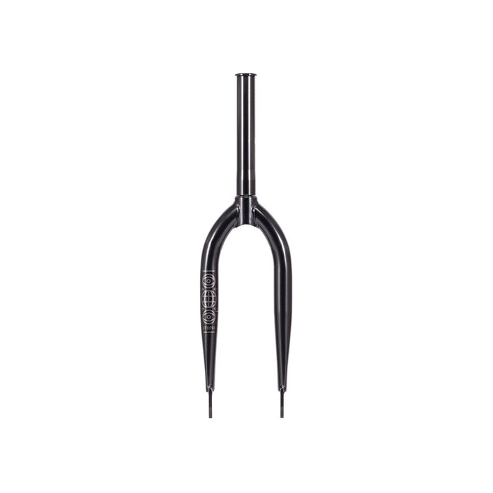 The Wethepeople Utopia Zero Flatland Fork is a black BMX fork featuring a CNC'd steerer tube, two fork blades, and white geometric graphics along the sides.