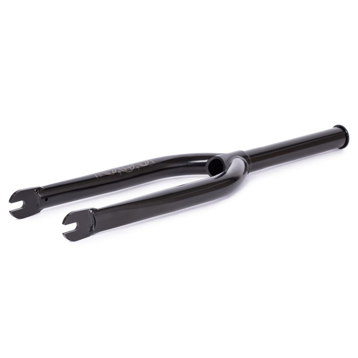 The Wethepeople Utopia Zero Flatland Fork is a black bicycle fork with tapered legs and a CNC’d steerer, featuring right-angled mounting slots—ideal for flatland BMX enthusiasts.