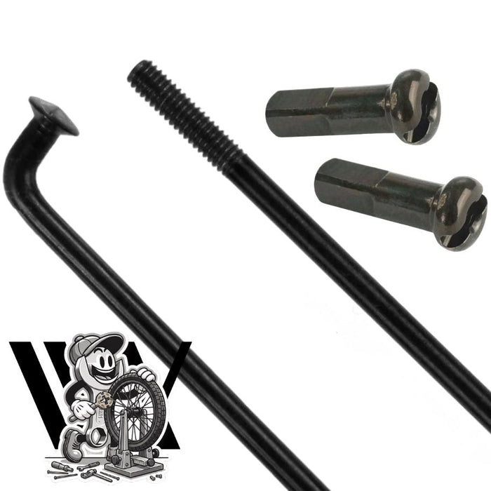 Enhance your next build with the (Workshop) Spectre High Strength Wheel Build (36 Hole)—featuring a black stainless steel spoke with threaded end, two silver brass nipples, and a whimsical cartoon character repairing a bicycle wheel in the corner. Ideal for those seeking exceptional strength, this service comes at 50% OFF LABOUR when you’ve purchased both rim and hub!.
