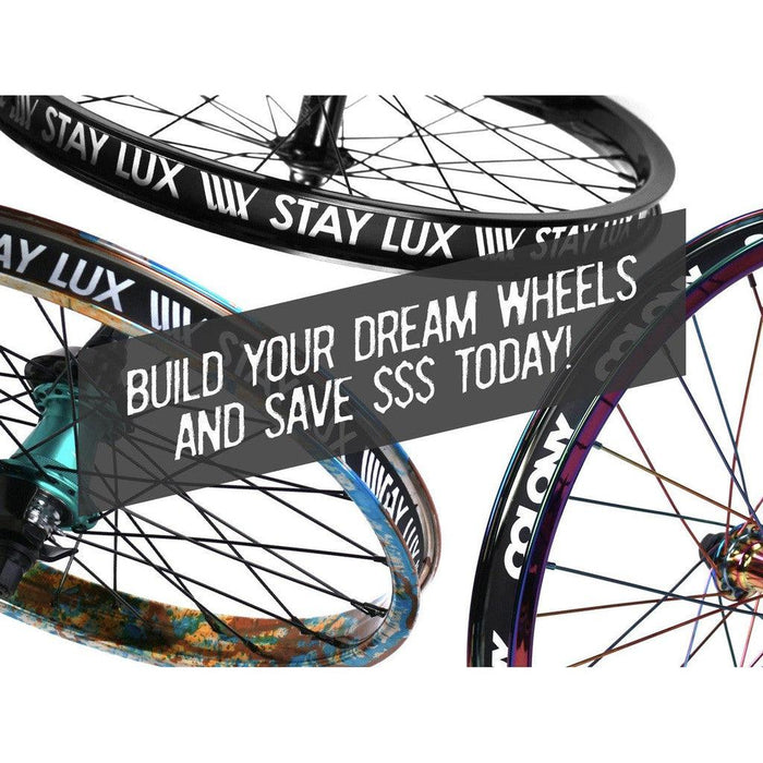 Three vibrant bicycle wheels with “STAY LUX” text and a banner overlay reading “BUILD YOUR DREAM WHEELS AND SAVE $$$ TODAY!” in bold white letters, showcasing the (Workshop) Spectre High Strength Wheel Build (36 Hole) with stainless steel spokes—enjoy 50% OFF LABOUR when you purchase a rim and hub.