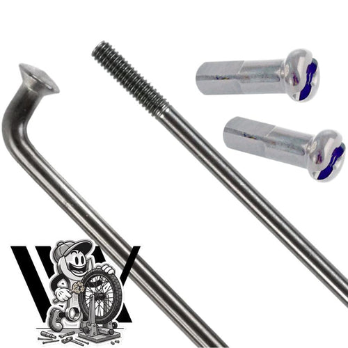 Close-up of a (Workshop) Spectre High Strength Wheel Build (36 Hole) showing a bicycle spoke with a threaded end, constructed with stainless steel spokes and two brass nipples for durable quality. In the bottom left corner is a logo featuring a cartoon character repairing a wheel. Rim and Hub were purchased separately with 50% off labour.