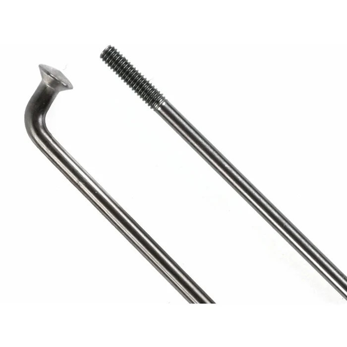 Close-up of two stainless steel spokes—one displaying the threaded end for brass nipples and the other showing the classic bent head for hub attachment—which are key components in a (Workshop) Spectre High Strength Wheel Build (36 Hole), with rim and hub purchased (50% OFF LABOUR).