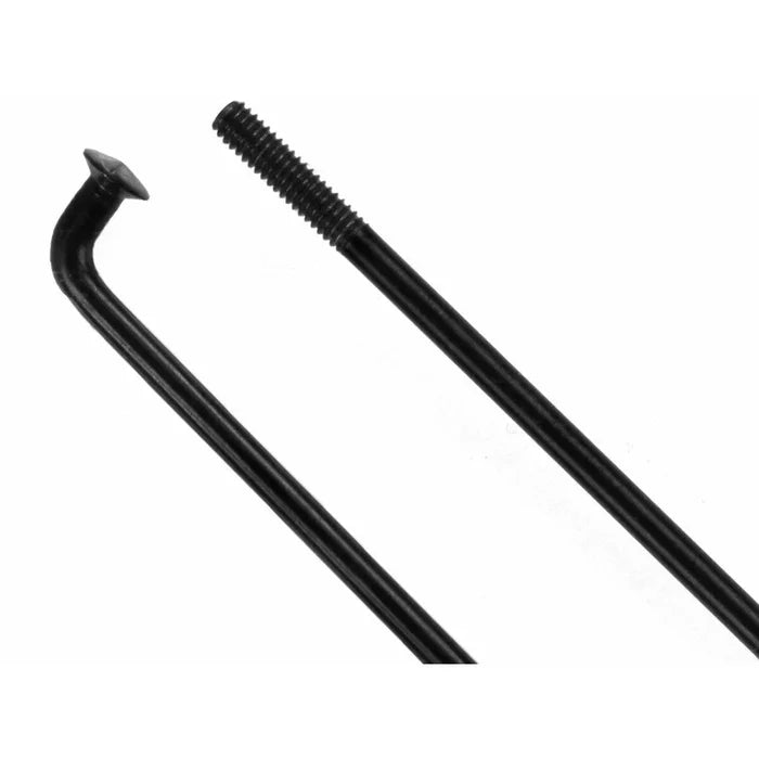 Two black metal bicycle spokes—one with a hooked head and one with a threaded end—are displayed on a white background. Designed for the (Workshop) Spectre High Strength Wheel Build (36 Hole), these stainless steel spokes offer exceptional durability and are ideal for pairing with brass nipples, ensuring your rim and hub assembly is built to last, especially when purchased with 50% off labour.