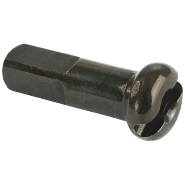 A close-up of a dark-colored spoke nipple for a bicycle wheel, highlighting its threaded cylindrical body and slotted head for precise adjustment—an essential component used in the (Workshop) Spectre High Strength Wheel Build (36 Hole), frequently combined with stainless steel spokes and brass nipples to ensure maximum durability and performance, especially when pairing your purchased rim and hub with our 50% off labour service.