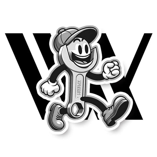 Cartoon wrench character with a smiling face, cap, and sneakers runs in front of big “W” and “X,” ready to assist with the (Workshop) WKSP - Change Drive Side (Freestyle) bike adjustment or assembly.