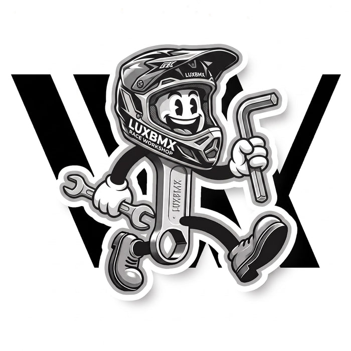 A cartoon character in a BMX helmet holds a wrench and hex key, ready to inspect a bike, with "LUXBMX" and bold "WX" behind—representing the (Workshop) WKSP - Complete Race Bike Service (Full).